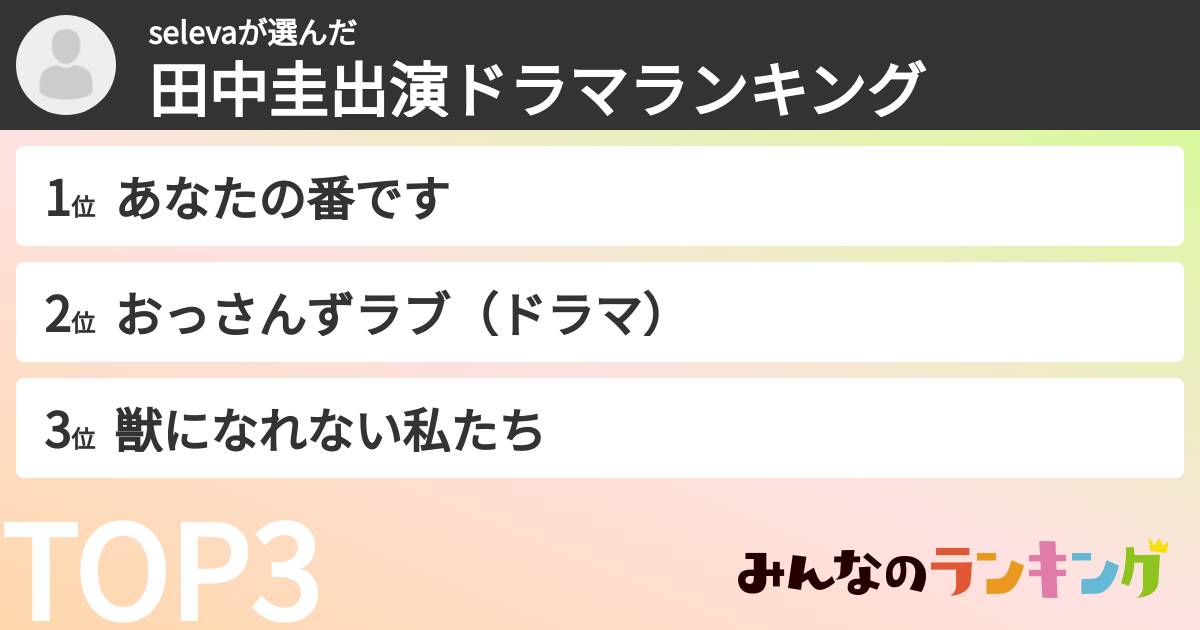 selevaさんの「田中圭出演ドラマランキング」