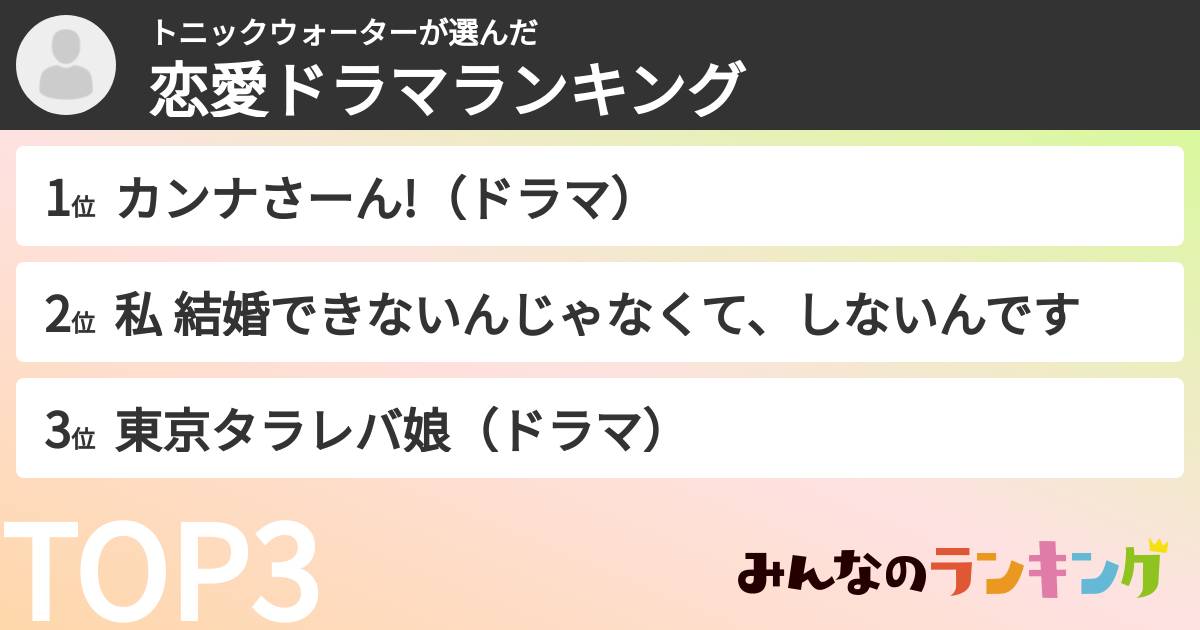 トニックウォーターさんの「恋愛ドラマランキング」