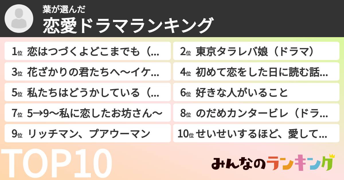 葉さんの「恋愛ドラマランキング」
