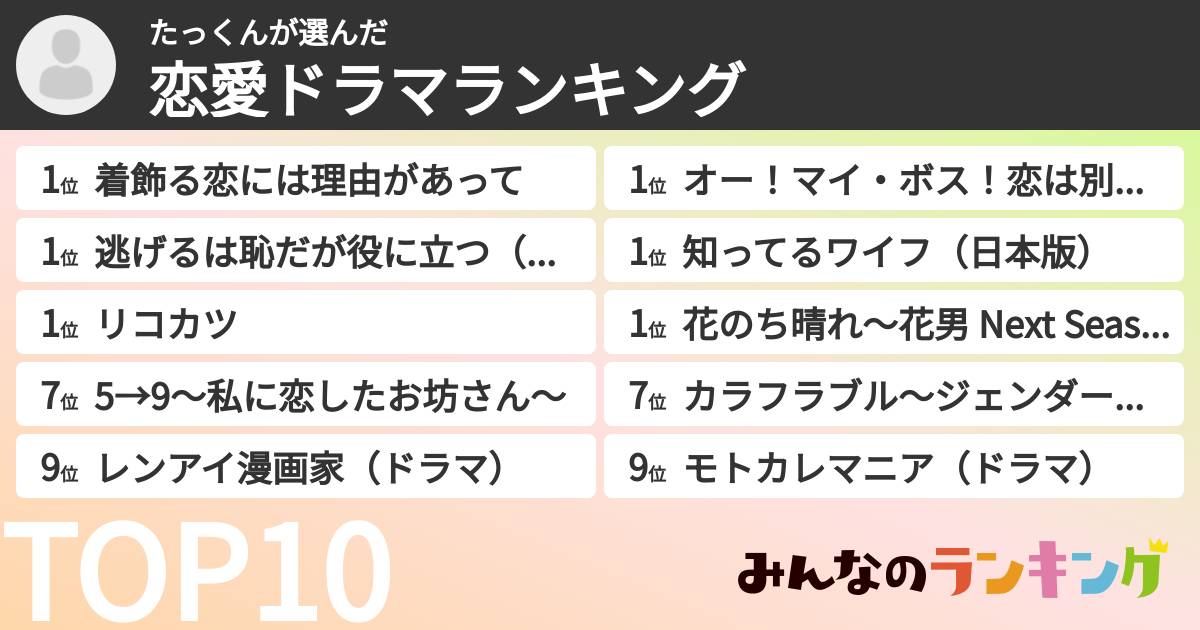 たっくんさんの「恋愛ドラマランキング」