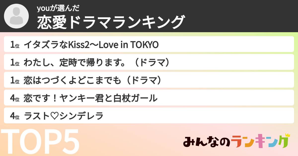 youさんの「恋愛ドラマランキング」