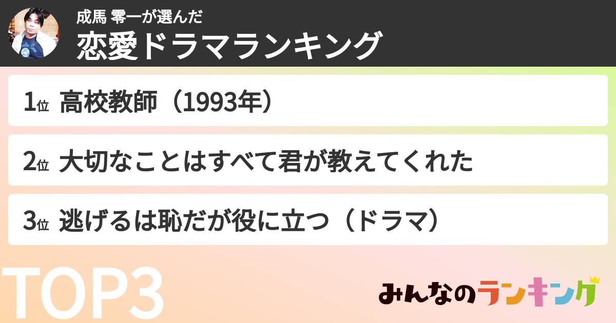 成馬 零一さんの「恋愛ドラマランキング」