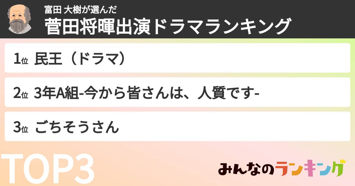 富田 大樹さんの「菅田将暉出演ドラマランキング」