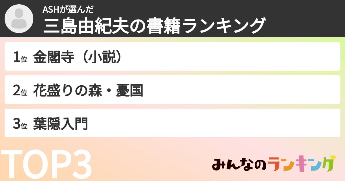 ASHさんの「三島由紀夫の書籍ランキング」