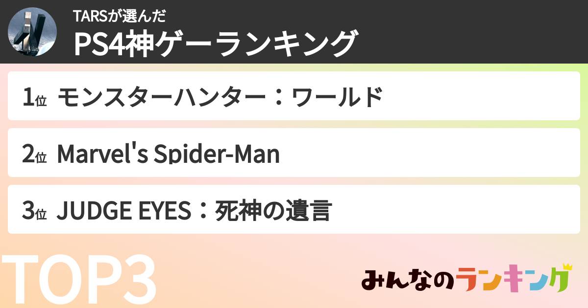 TARSさんの「PS4神ゲーランキング」