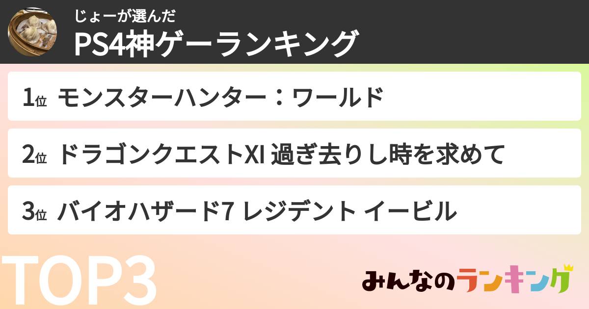 じょーさんの「PS4神ゲーランキング」