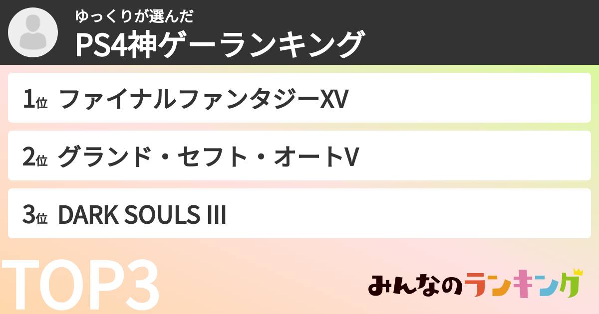 ゆっくりさんの「PS4神ゲーランキング」