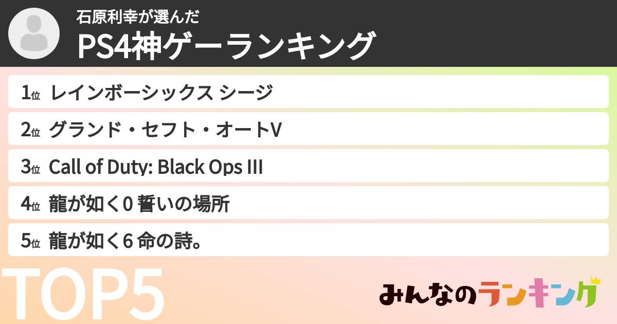 石原利幸さんの「PS4神ゲーランキング」