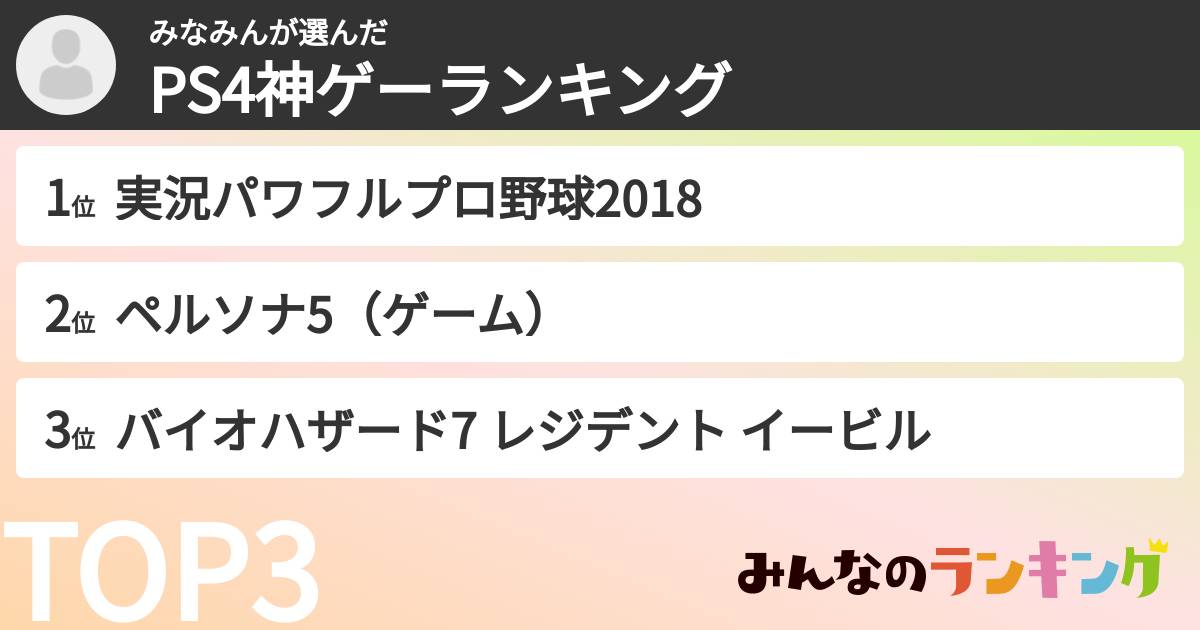 みなみんさんの「PS4神ゲーランキング」
