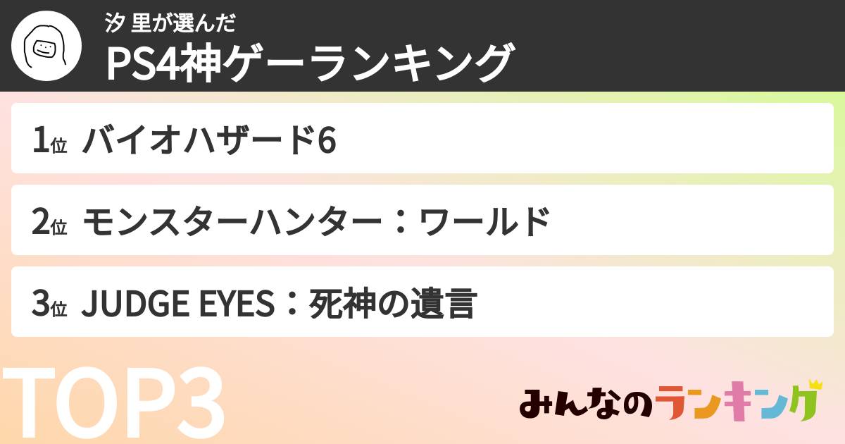 汐 里さんの「PS4神ゲーランキング」
