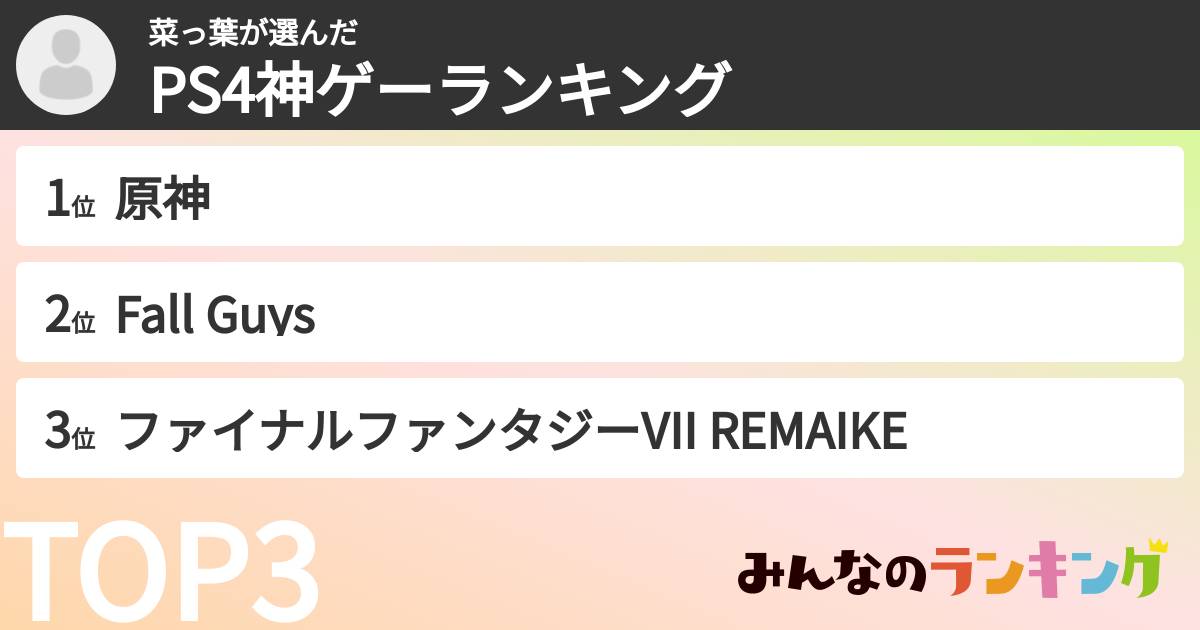 菜っ葉さんの「PS4神ゲーランキング」