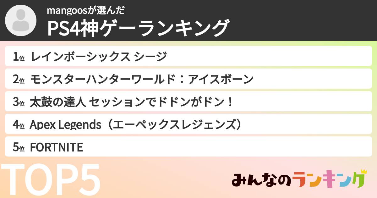 mangoosさんの「PS4神ゲーランキング」