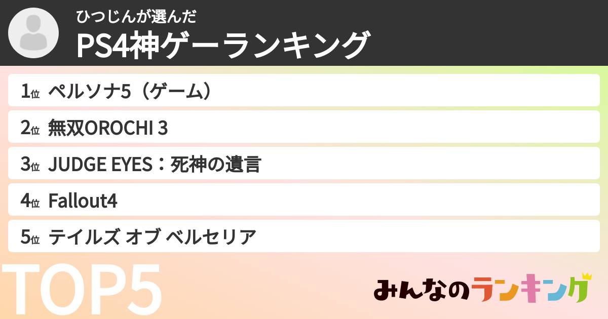 ひつじんさんの「PS4神ゲーランキング」