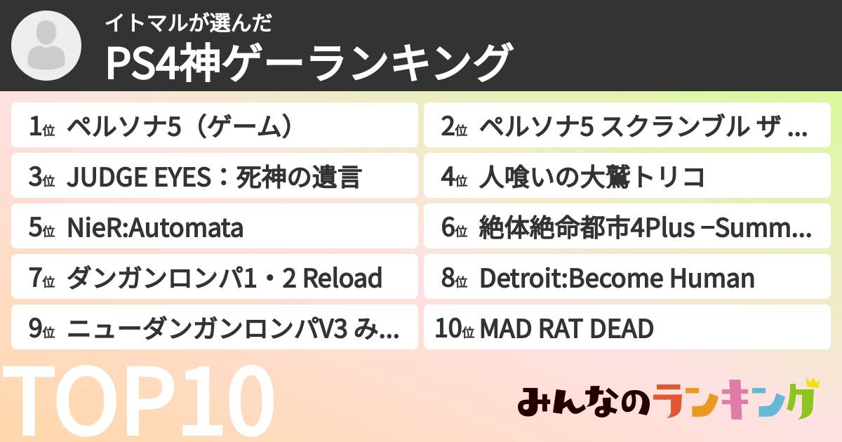 イトマルさんの「PS4神ゲーランキング」