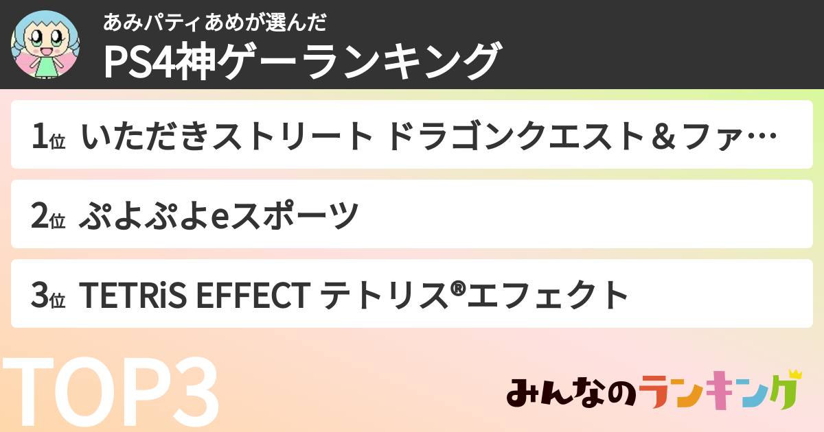 あみパティあめさんの「PS4神ゲーランキング」