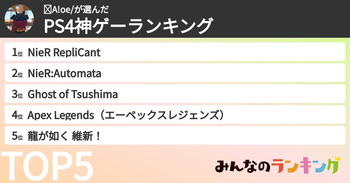 ☺︎A!oe/さんの「PS4神ゲーランキング」