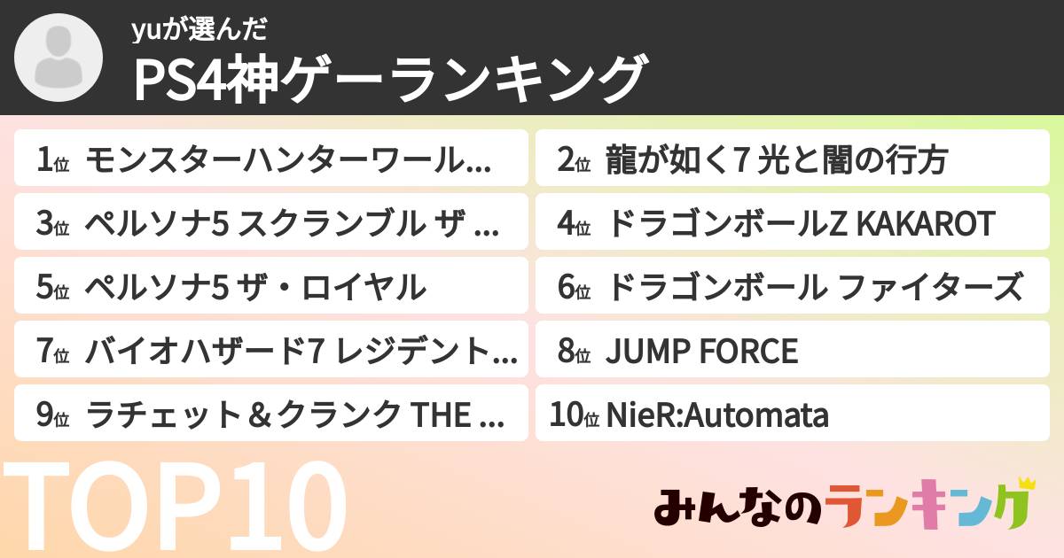 yuさんの「PS4神ゲーランキング」