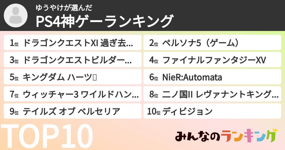 ゆうやけさんの「PS4神ゲーランキング」