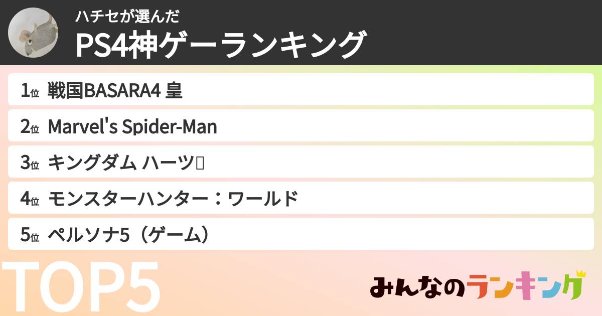 ハチセさんの「PS4神ゲーランキング」