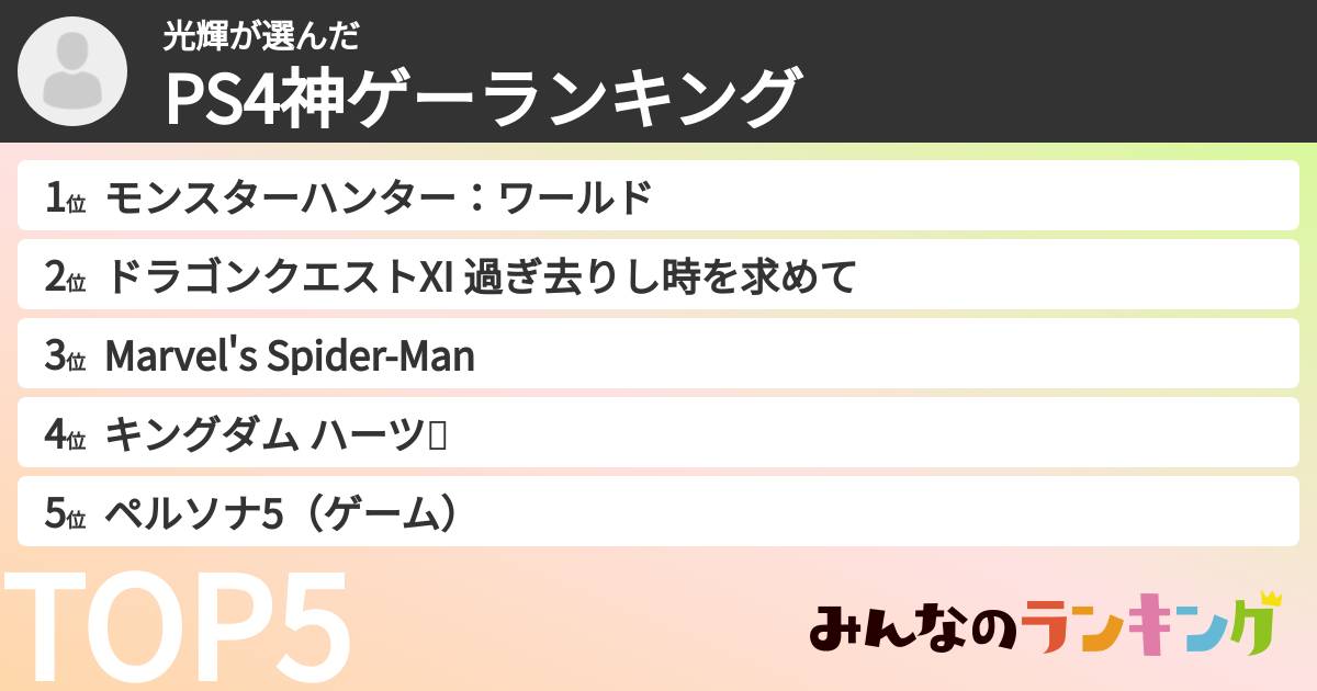 光輝さんの「PS4神ゲーランキング」