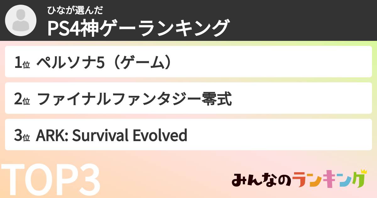 ひなさんの「PS4神ゲーランキング」