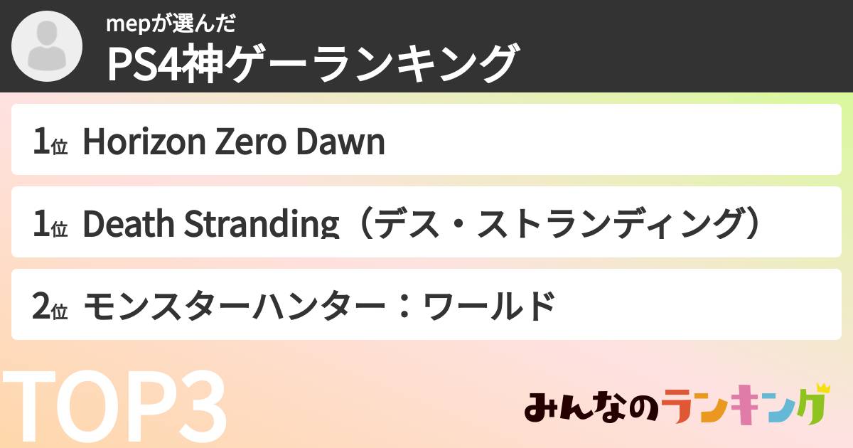 mepさんの「PS4神ゲーランキング」