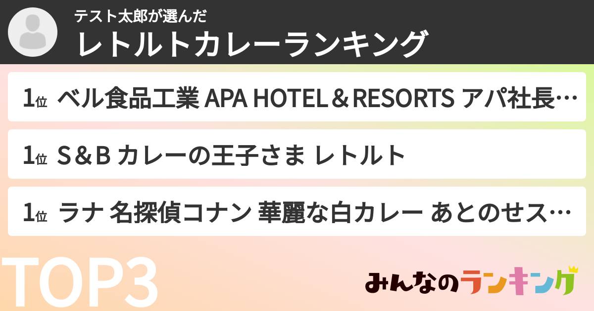 テスト太郎さんの「レトルトカレーランキング」