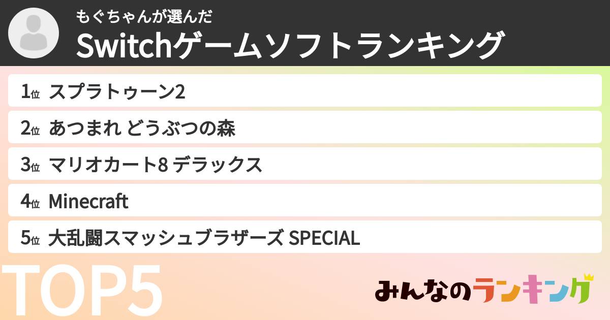 もぐちゃんさんの「Switchゲームソフトランキング」