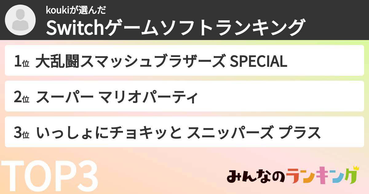 koukiさんの「Switchゲームソフトランキング」
