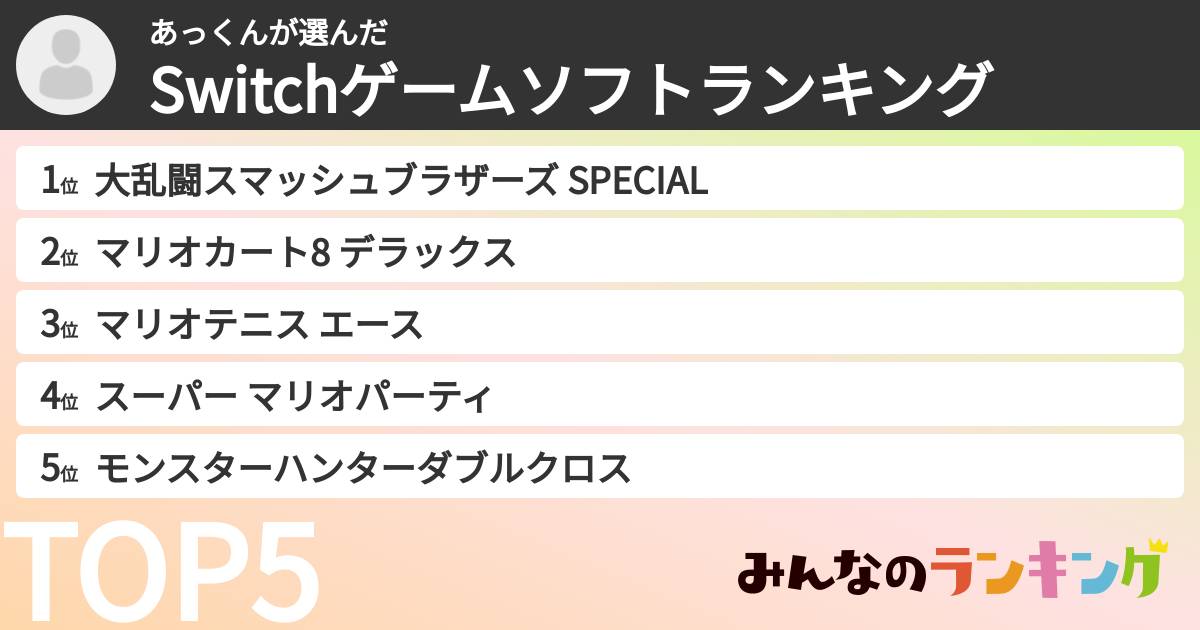 あっくんさんの「Switchゲームソフトランキング」