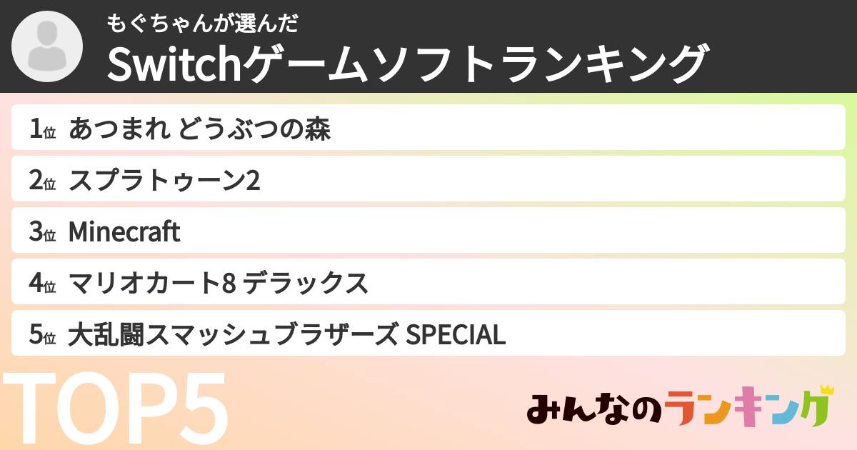 もぐちゃんさんの「Switchゲームソフトランキング」