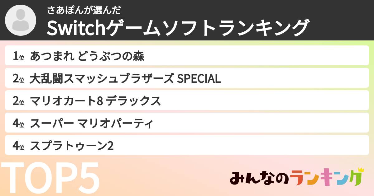 さあぽんさんの「Switchゲームソフトランキング」