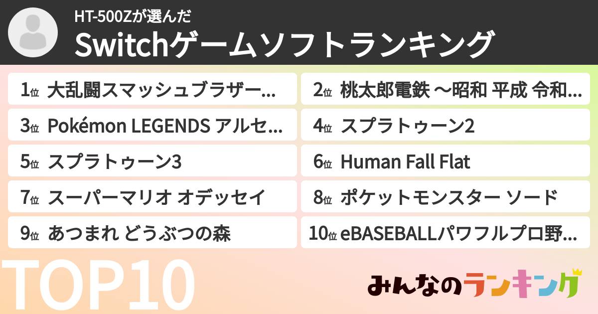 HT-500Zさんの「Switchゲームソフトランキング」