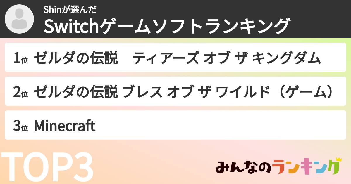 Shinさんの「Switchゲームソフトランキング」