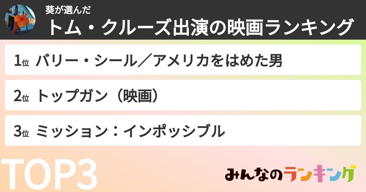 葵さんの「トム・クルーズ出演の映画ランキング」