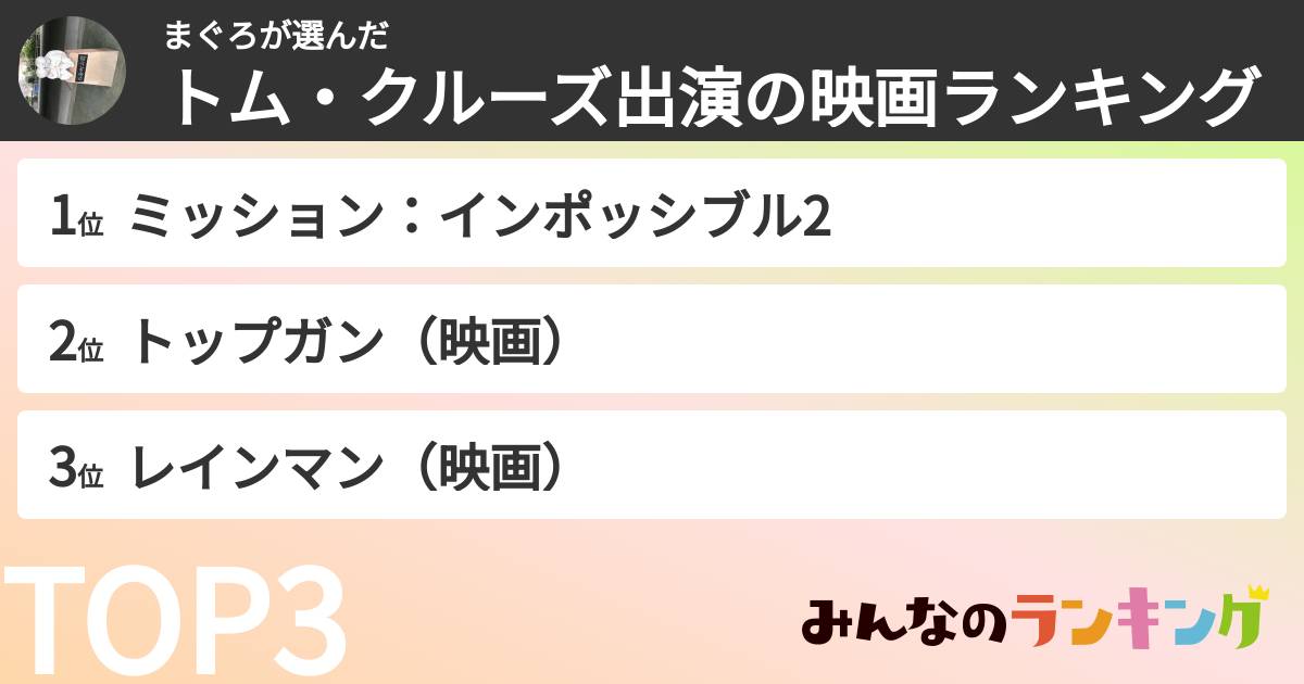 まぐろさんの「トム・クルーズ出演の映画ランキング」