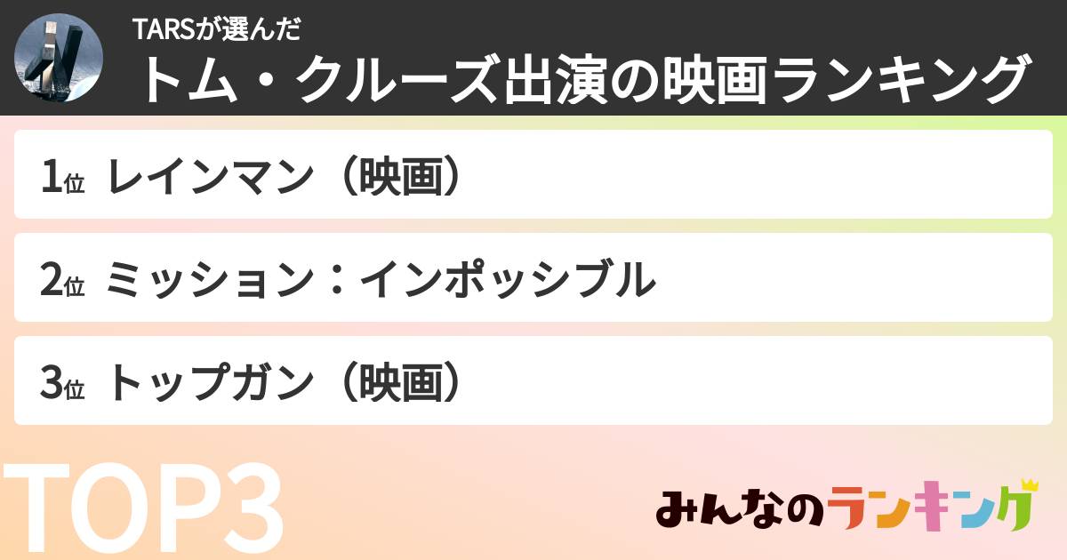 TARSさんの「トム・クルーズ出演の映画ランキング」