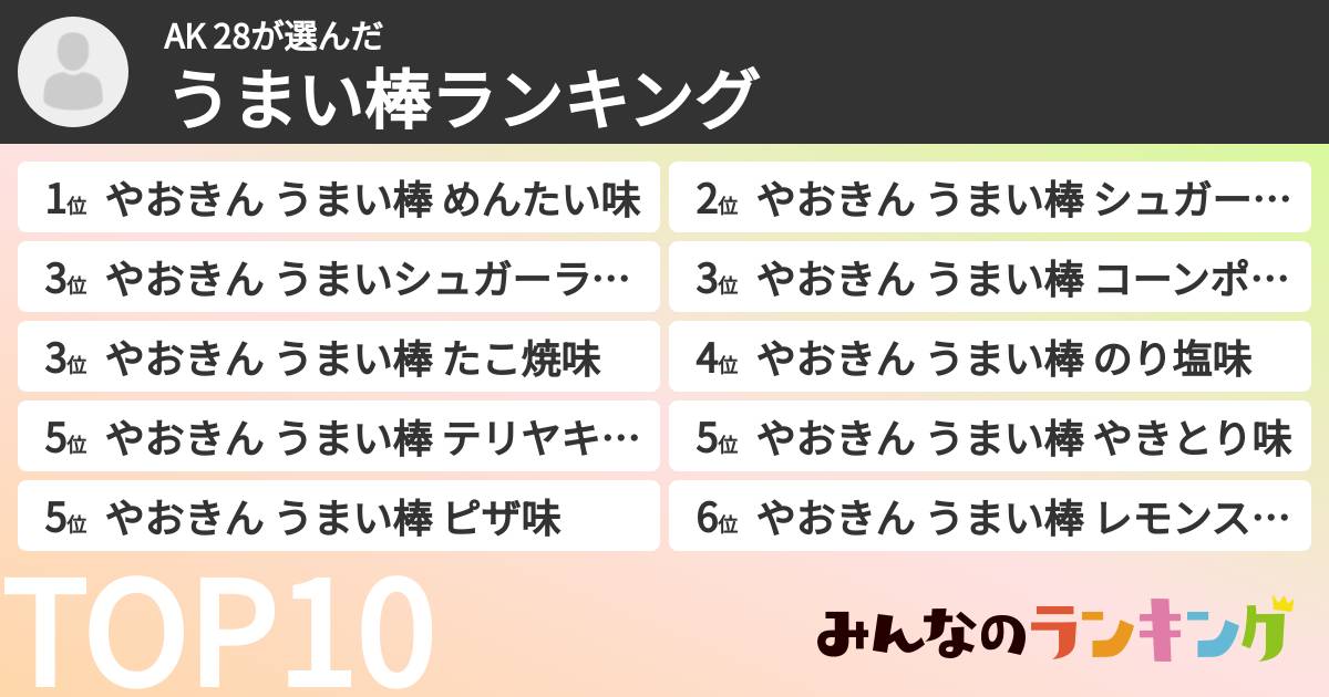 AK 28さんの「うまい棒ランキング」
