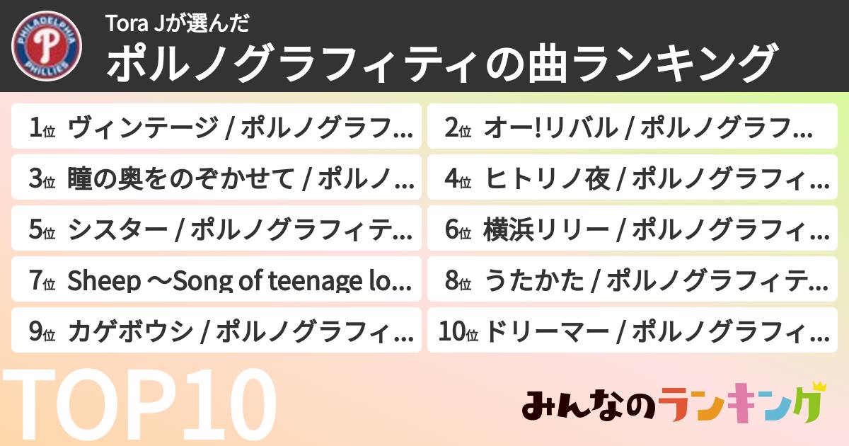Tora Jさんの「ポルノグラフィティの曲ランキング」