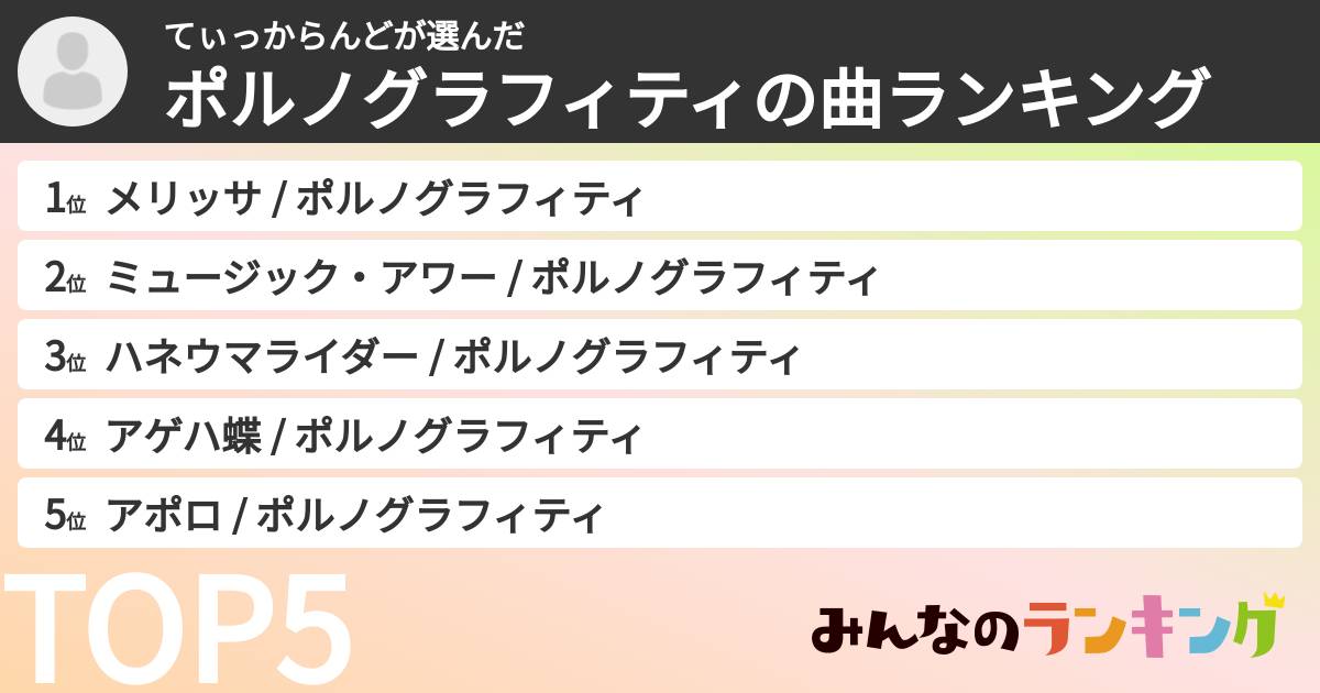 てぃっからんどさんの「ポルノグラフィティの曲ランキング」