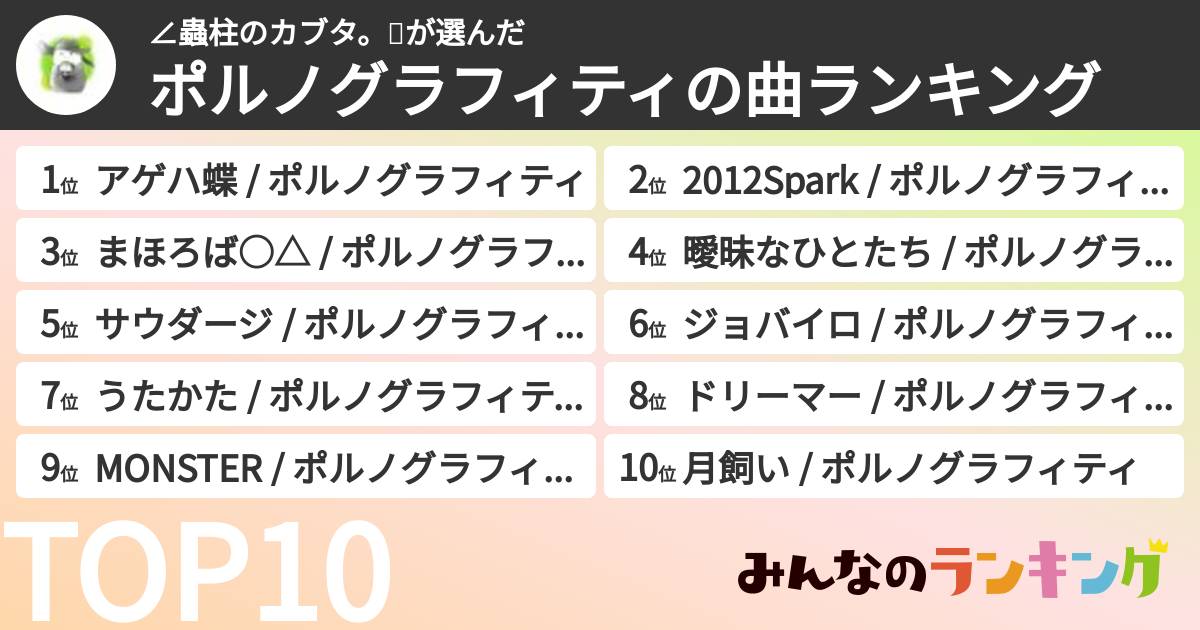∠蟲柱のカブタ。🦋さんの「ポルノグラフィティの曲ランキング」