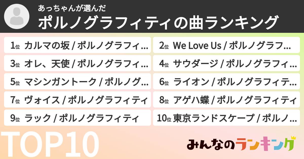 あっちゃんさんの「ポルノグラフィティの曲ランキング」