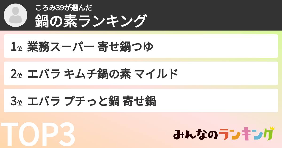ころみ39さんの「鍋の素ランキング」
