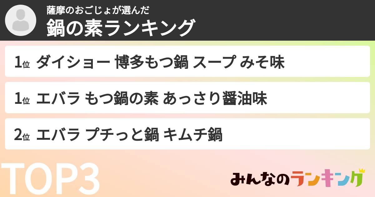 薩摩のおごじょさんの「鍋の素ランキング」