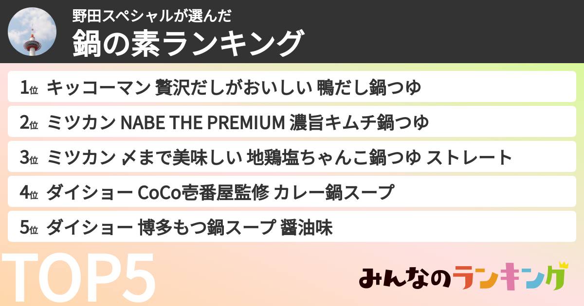 野田スペシャルさんの「鍋の素ランキング」