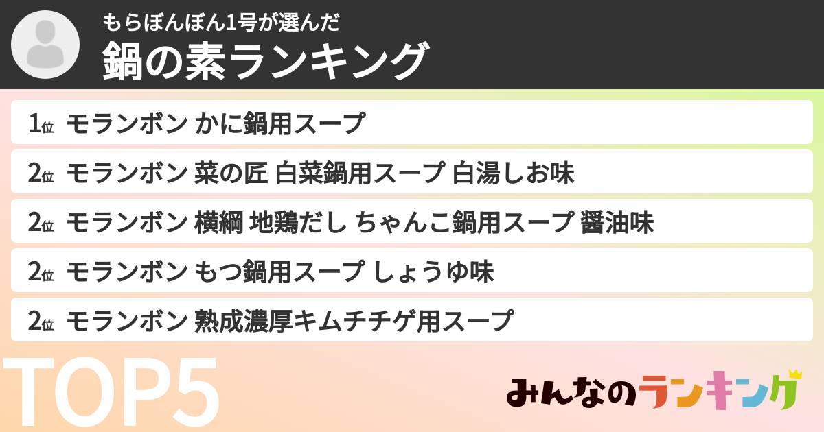 もらぼんぼん1号さんの「鍋の素ランキング」