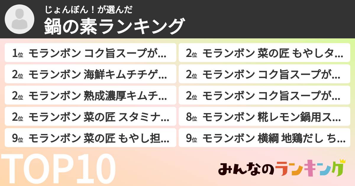 じょんぼん！さんの「鍋の素ランキング」