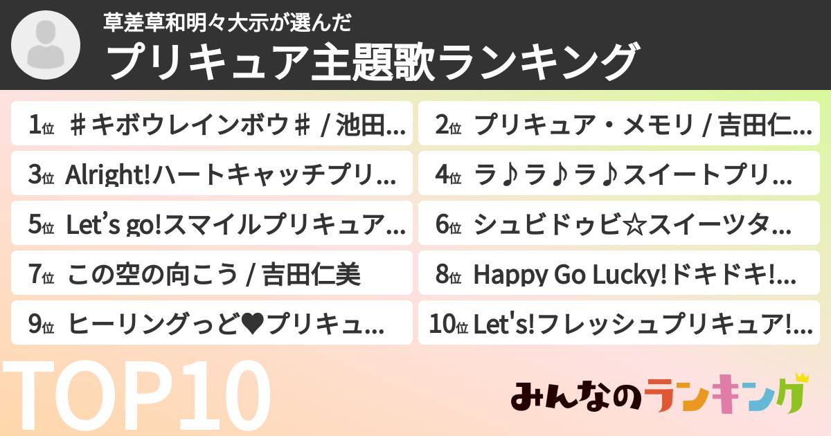 草差草和明々大示さんの「プリキュア主題歌ランキング」