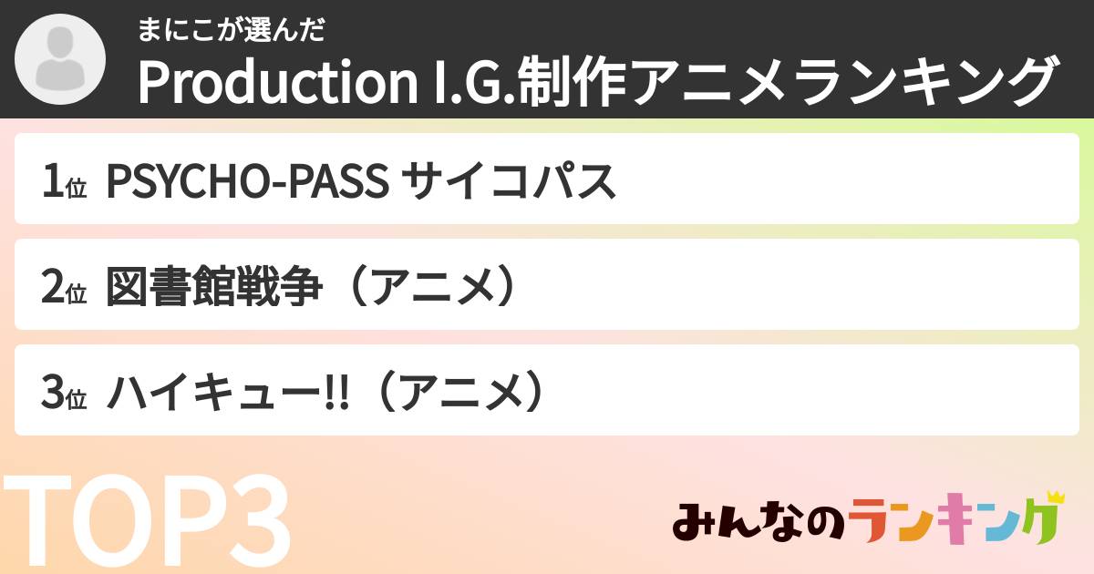 まにこさんの「Production I.G.制作アニメランキング」