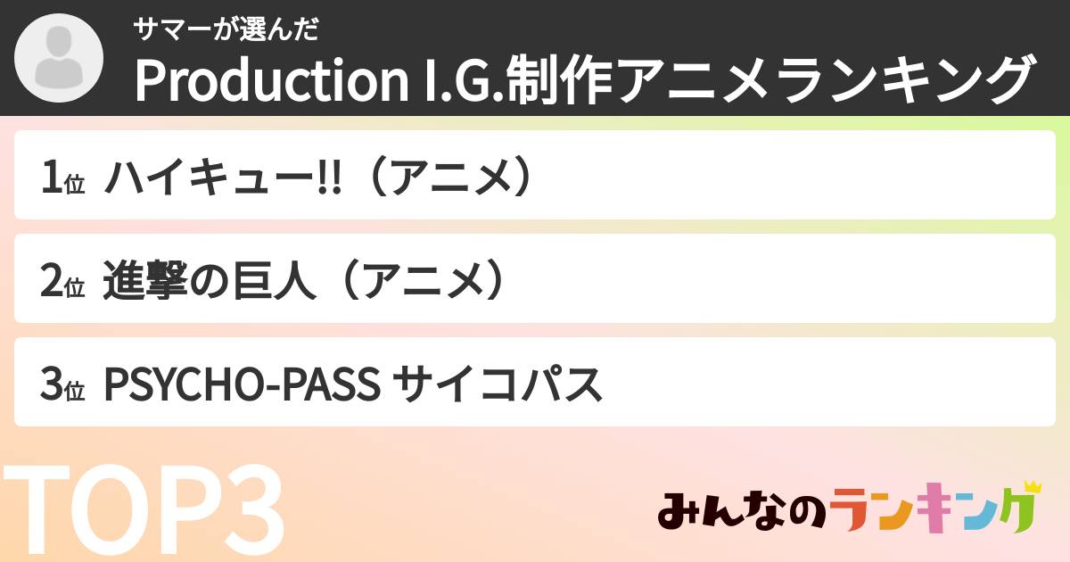 サマーさんの「Production I.G.制作アニメランキング」